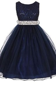 Blue Girl's Dress with Gray Belt Detail
